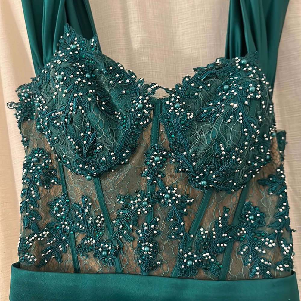 Emerald green maxi dress with slit and long side drape. Off the shoulder (opt)